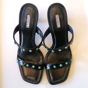 Nickels 2-Strap Slide Heeled Sandals, Black, 8.5 M